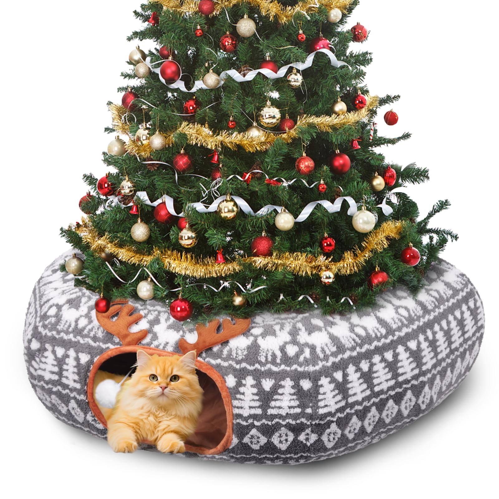 Petrendy Christmas Cat Tunnel under tree provides a cozy hideaway while protecting holiday ornaments.
