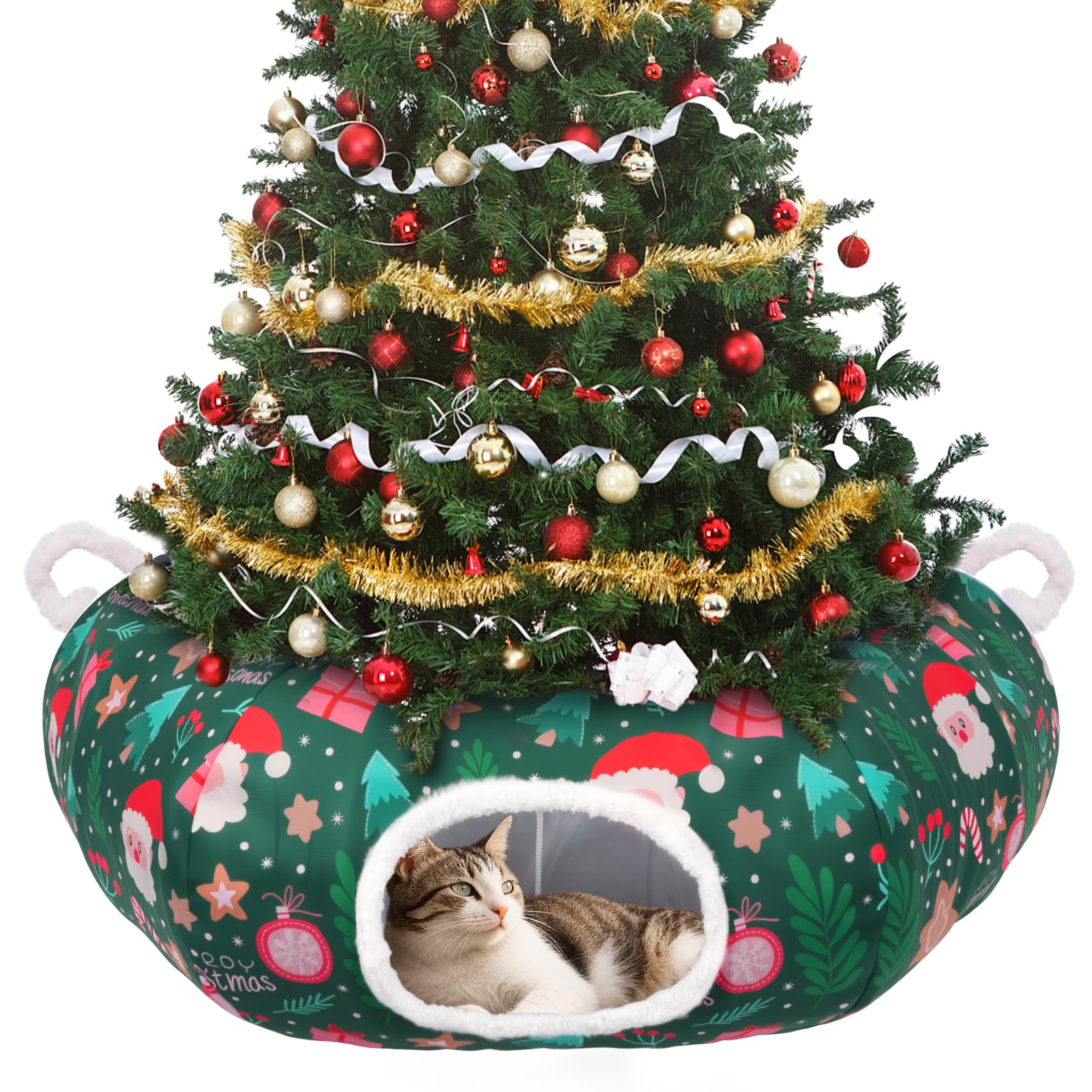 Petrendy Christmas Tree Cat Tunnel with Santa pattern offers festive play and decor protection