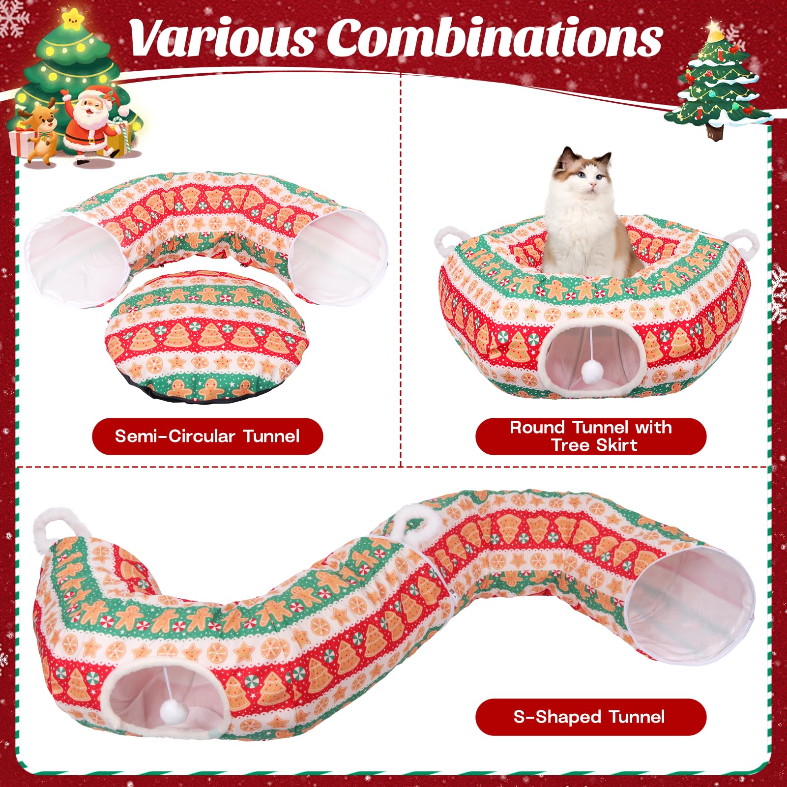 Petrendy Christmas Tree Cat Tunnel side view highlights sturdy steel frame and durable play space.
