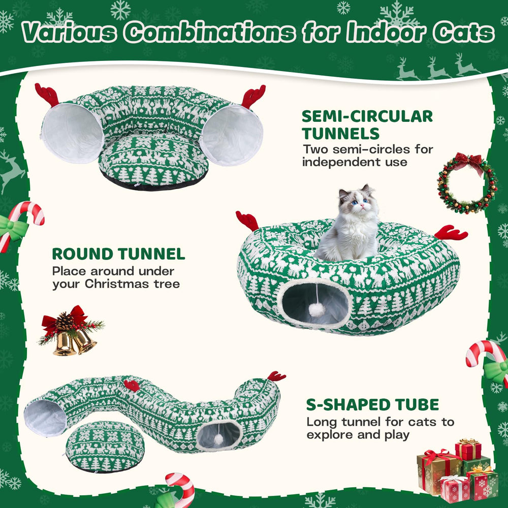 Petrendy Christmas Tree Cat Tunnel with top deer ears adds festive décor and exploration.