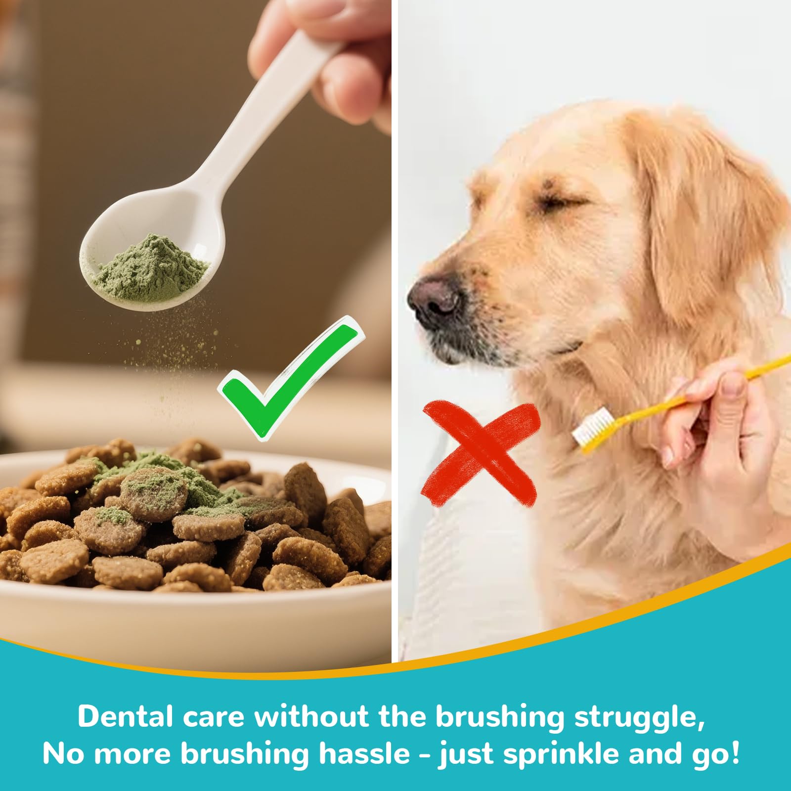Petrivium dog dental powder with brush-use image shows convenient tooth cleaning option.