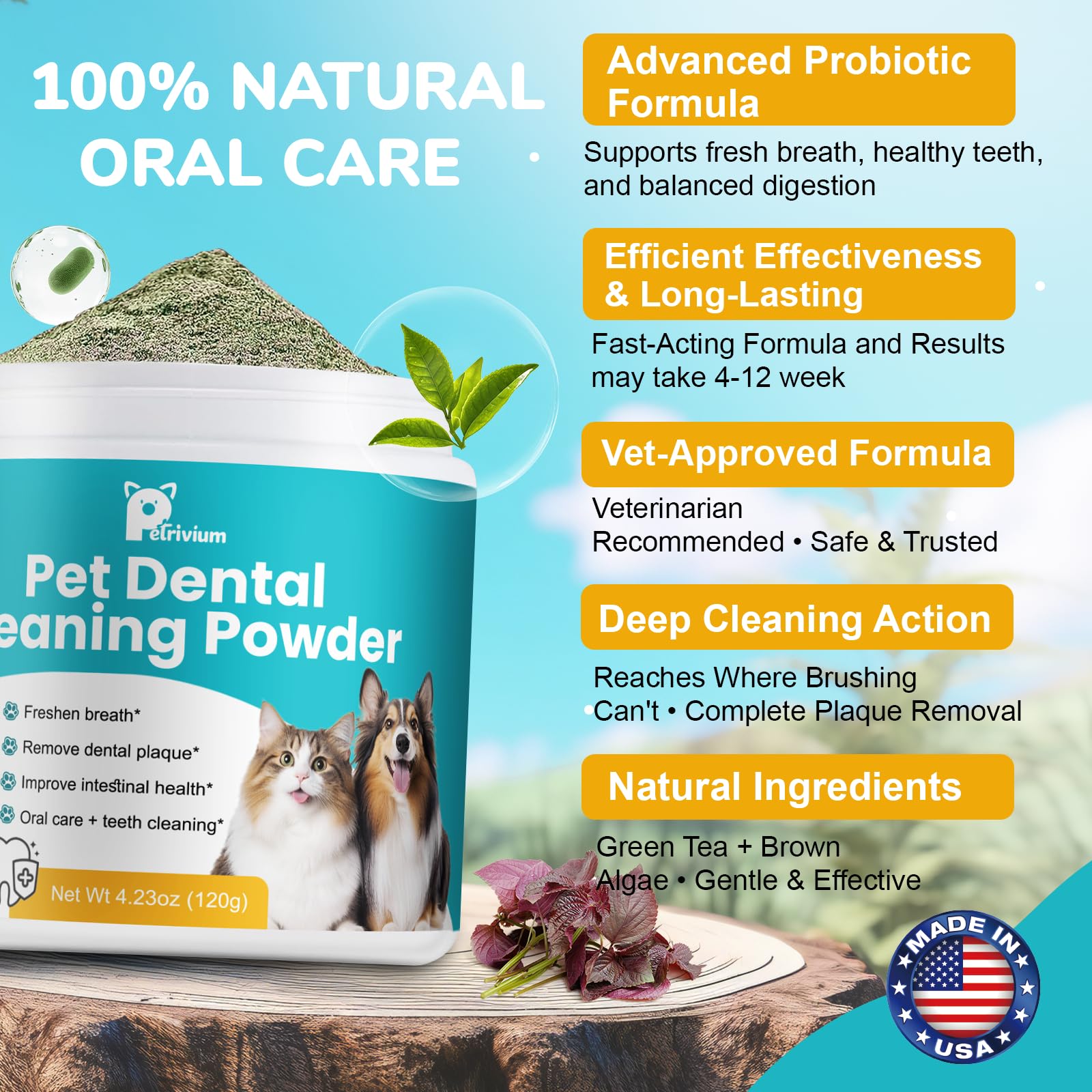 Petrivium dog dental powder enhances fresh breath during daily routines.