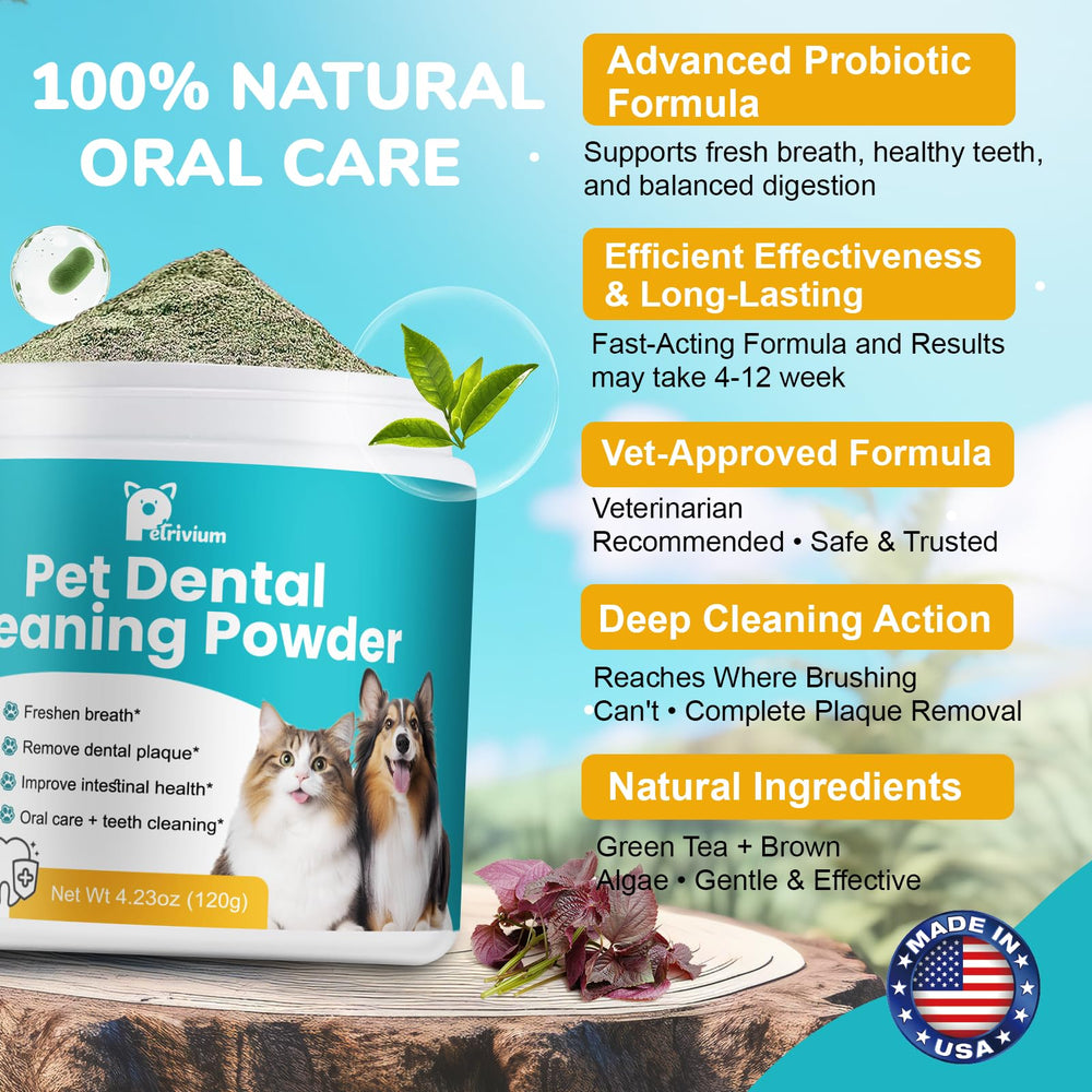 Petrivium dog dental powder enhances fresh breath during daily routines.