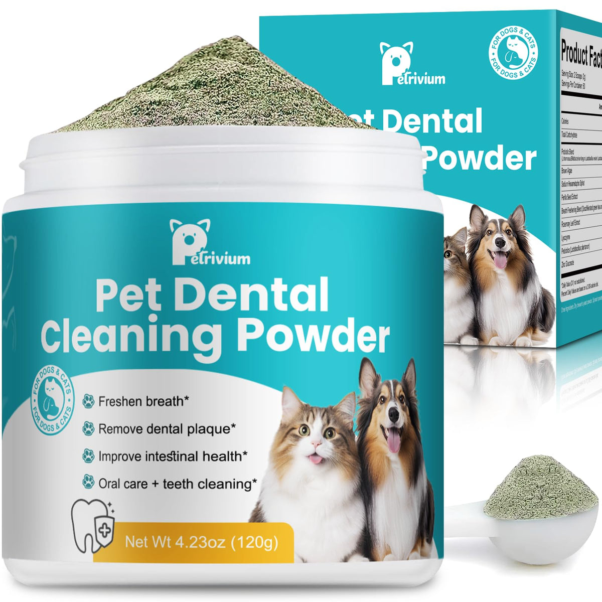 Petrivium dog dental powder packaging shows an easy tub for ongoing oral care.