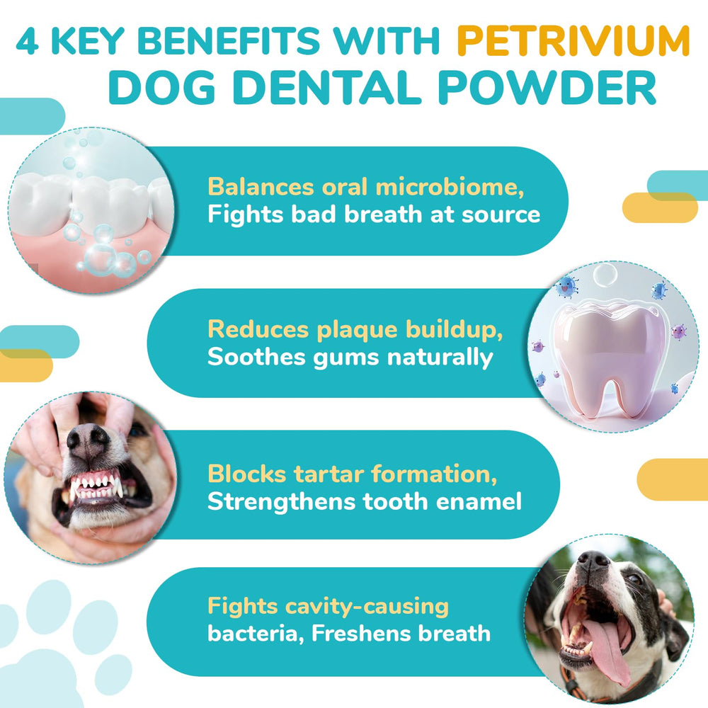 Petrivium dog dental powder plaque-tartar visual supports routine plaque control.