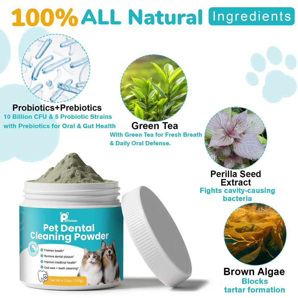 Petrivium dog dental powder with 10B probiotics emphasizes oral balance.