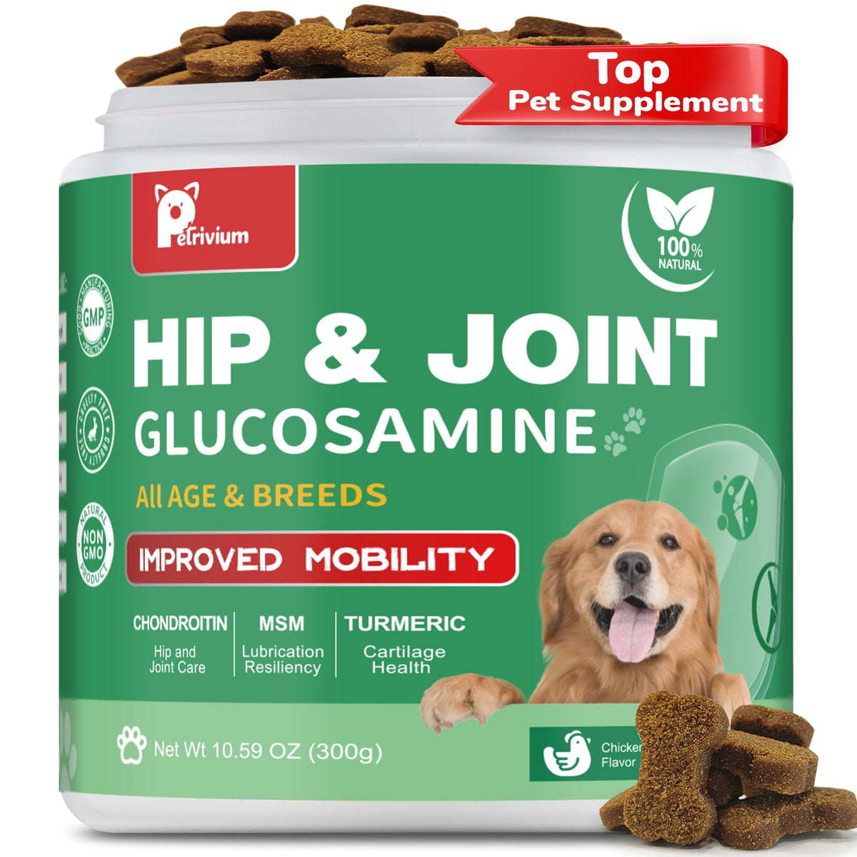 Petrivium dog hip joint chews bottle supports daily mobility