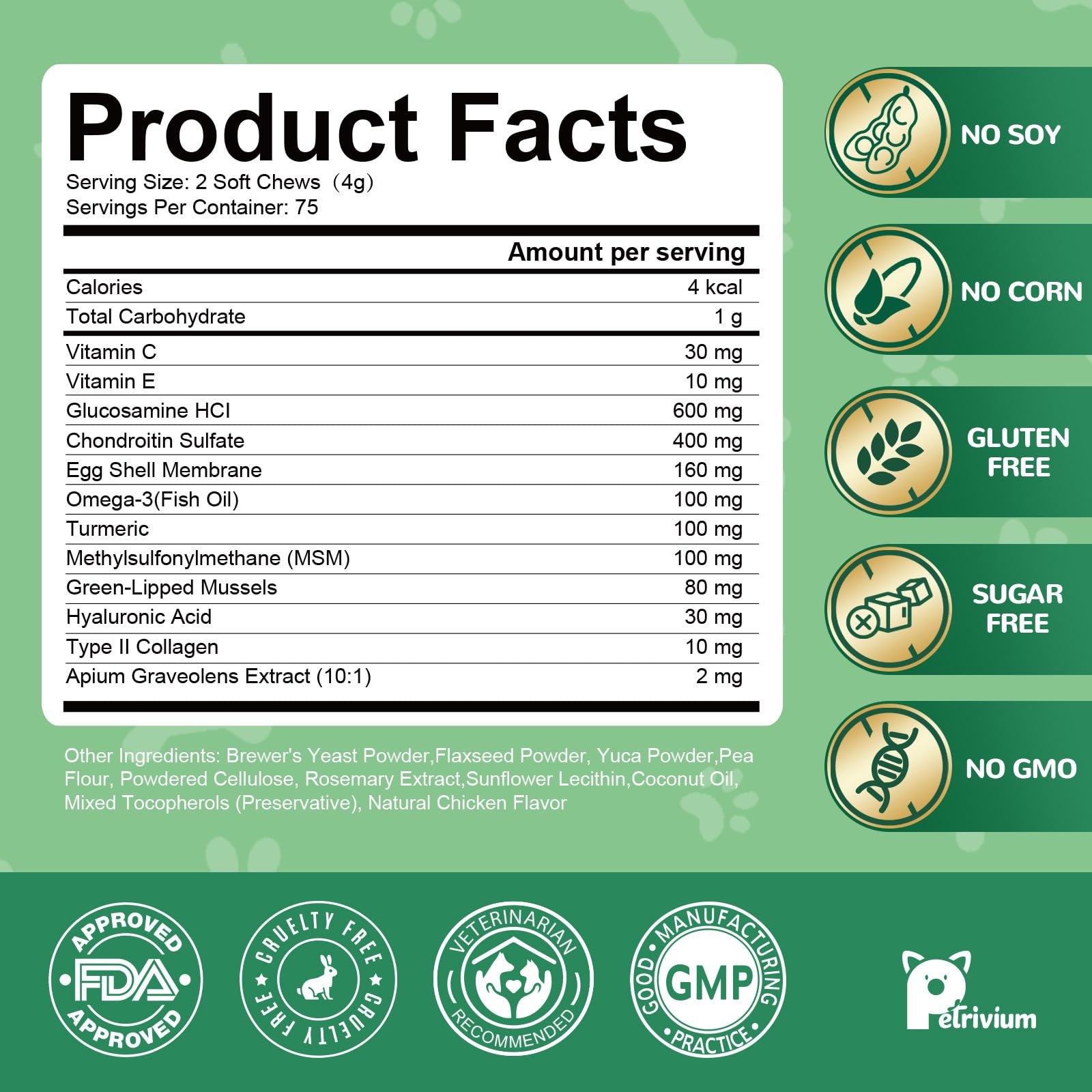 Petrivium dog hip joint chews ingredients label highlights glucosamine and turmeric