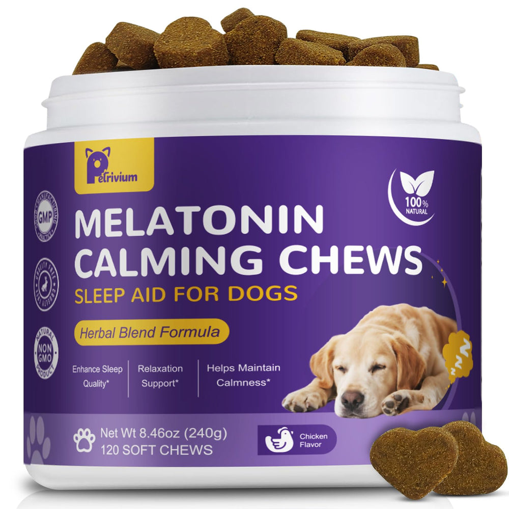 Petrivium Melatonin for Dogs chews in jar front, suggesting calming sleep support.