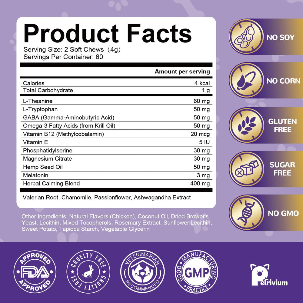Petrivium dog melatonin chews shown during separation, fostering a peaceful environment.