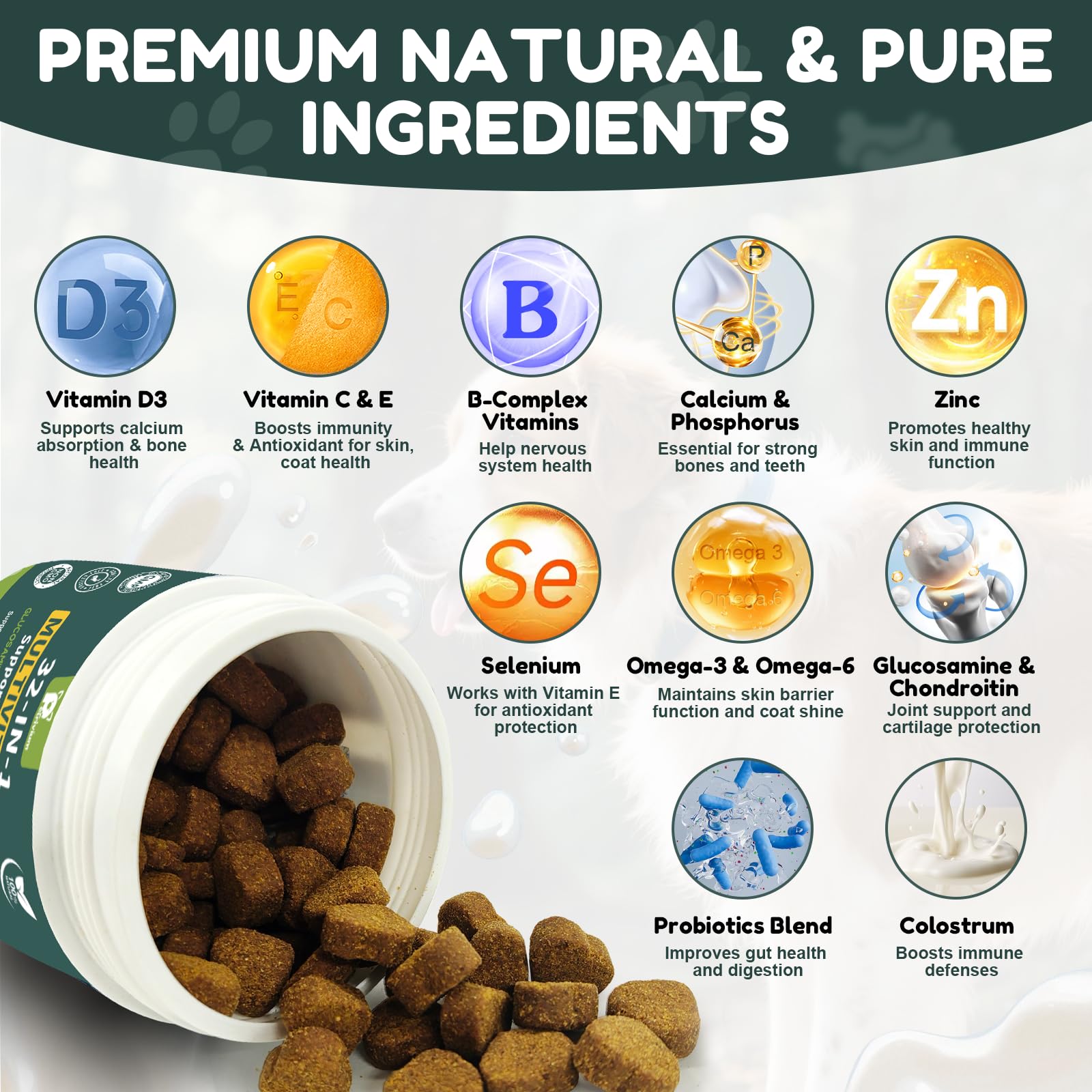 Petrivium dog multivitamin chewable joint-formula highlights glucosamine and MSM for mobility.