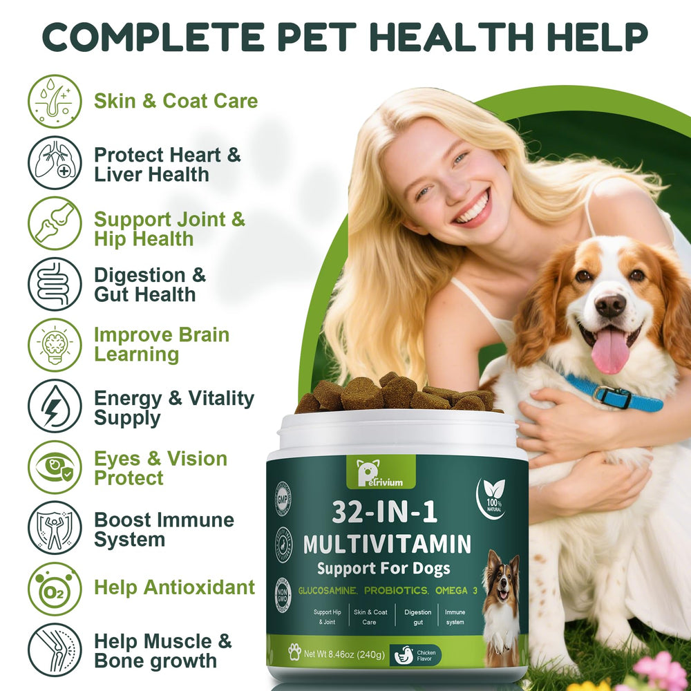 Petrivium dog multivitamin chewable omega-oil image highlights fish oil for a healthier coat.