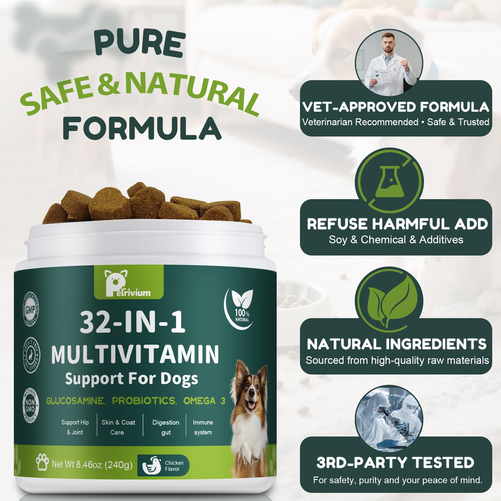 Petrivium dog multivitamin chewable tasty chews entice dogs during routine health time.