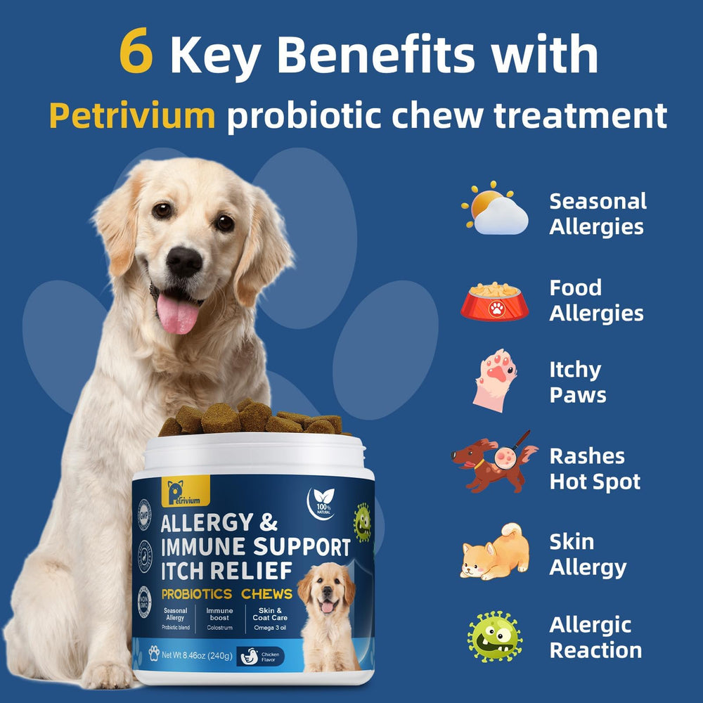 Petrivium Dogs Allergy Chews bottle with label promoting skin and immune support.