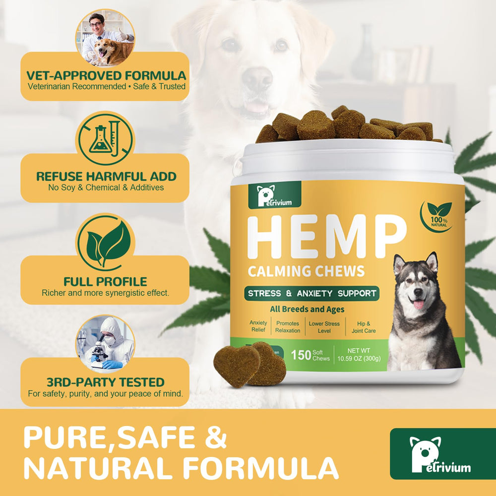 Petrivium Hemp Calming Chews chicken-flavor treats entice dogs with soothing properties.