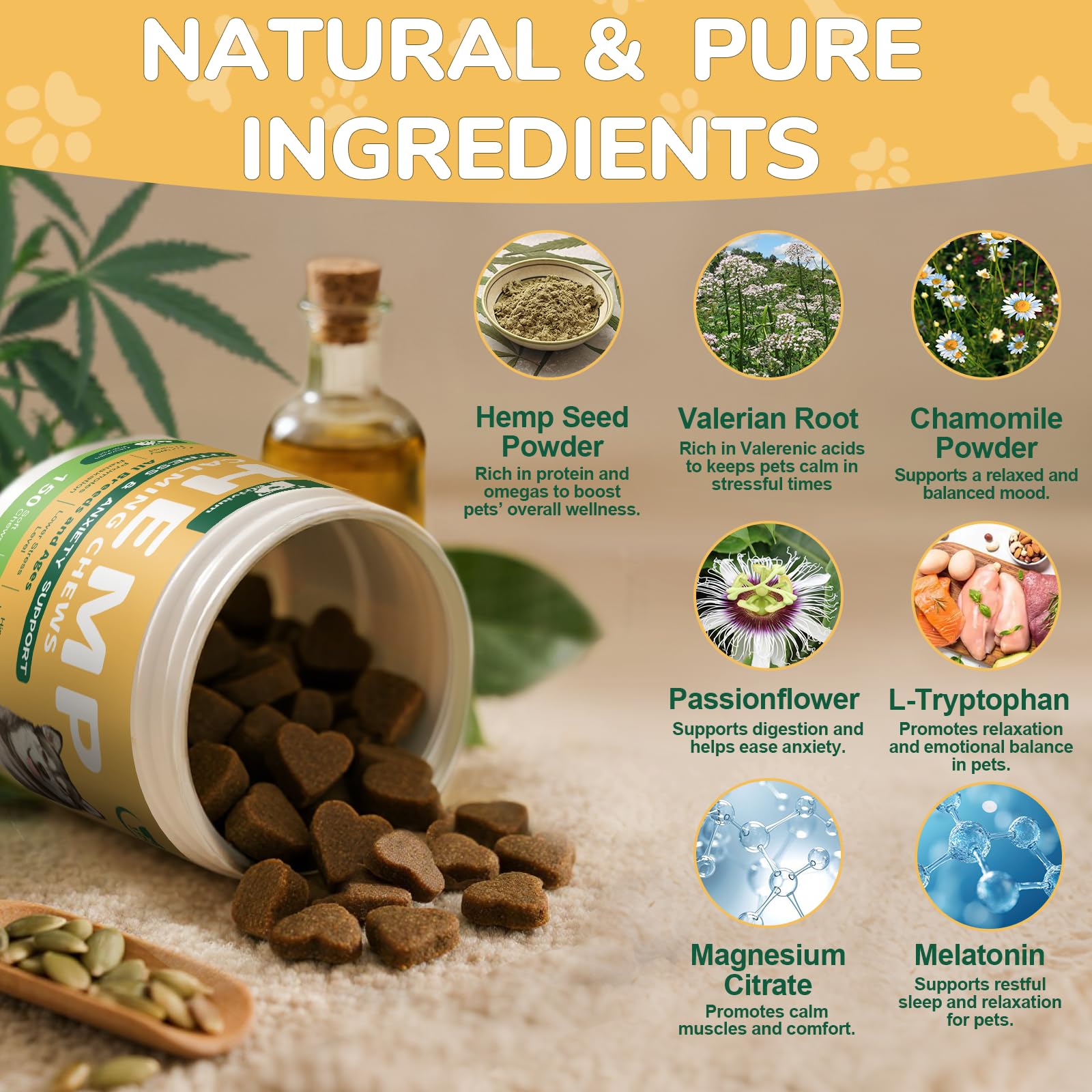 Petrivium Hemp Calming Chews fast-acting relief in minutes for anxious dogs.