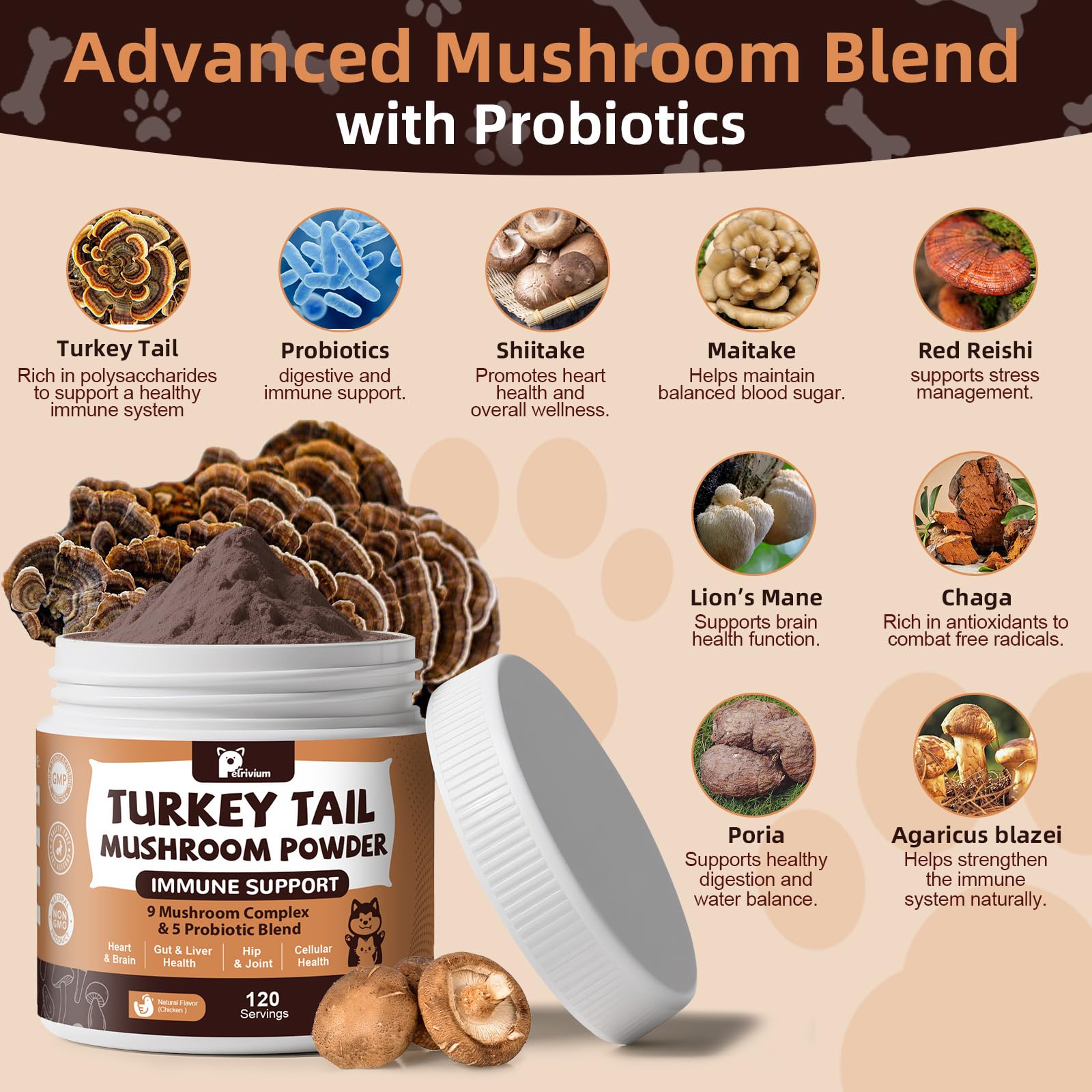 Petrivium immune-health blend highlights overall wellness and daily vitality for pets.