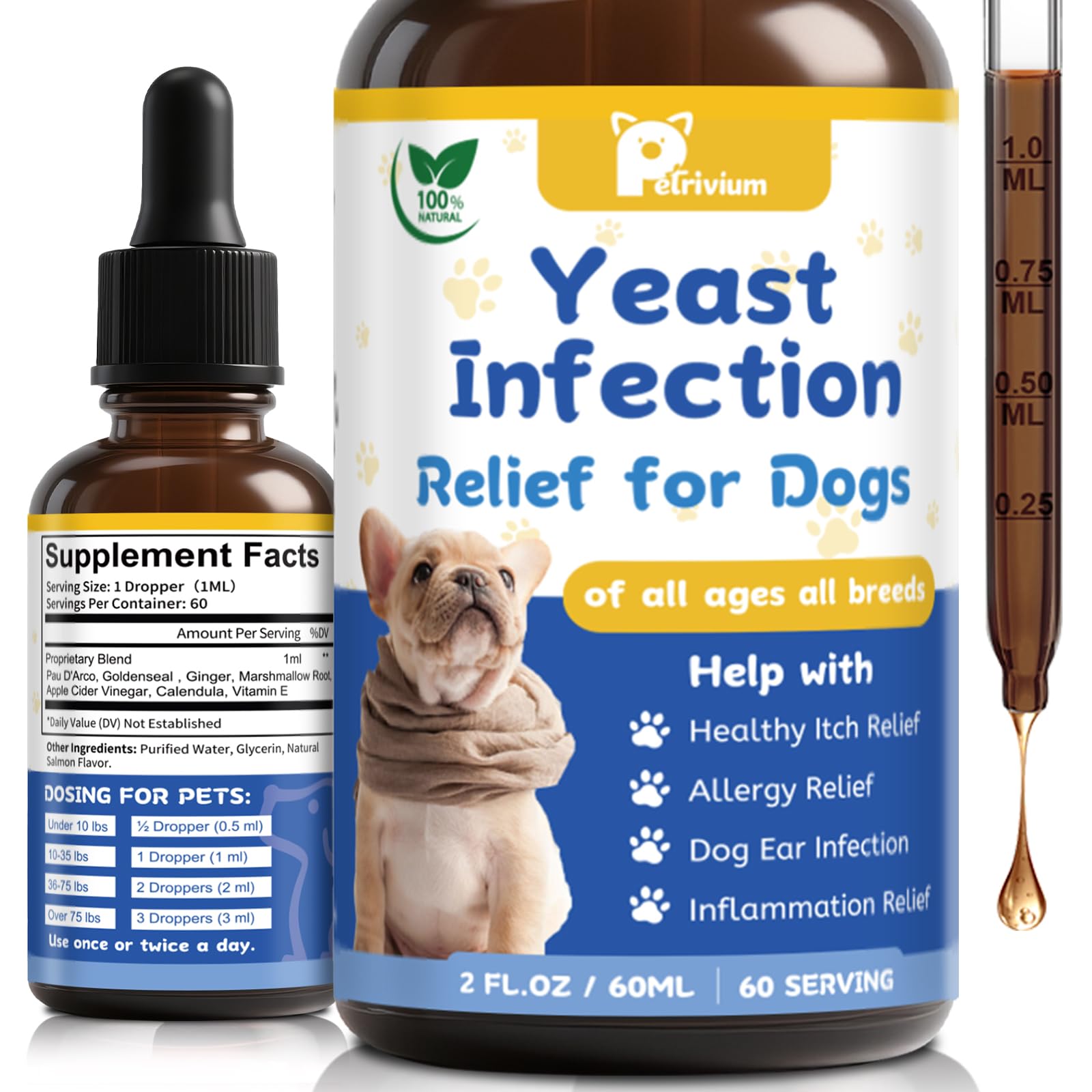Petrivium yeast-dog-treatment-bottle showing natural relief focus
