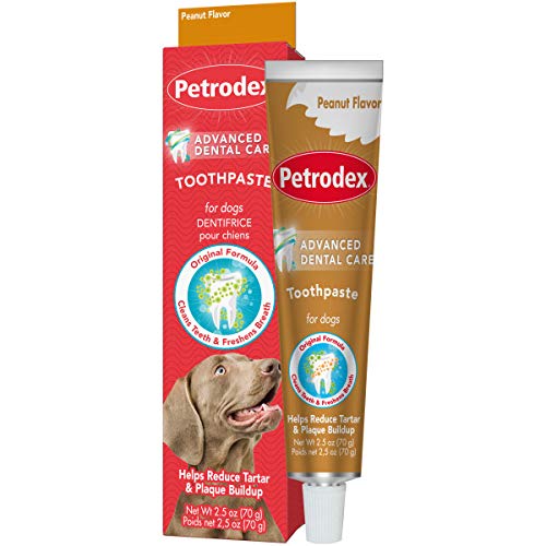 Petrodex peanut flavor tube art with dog and breath freshness