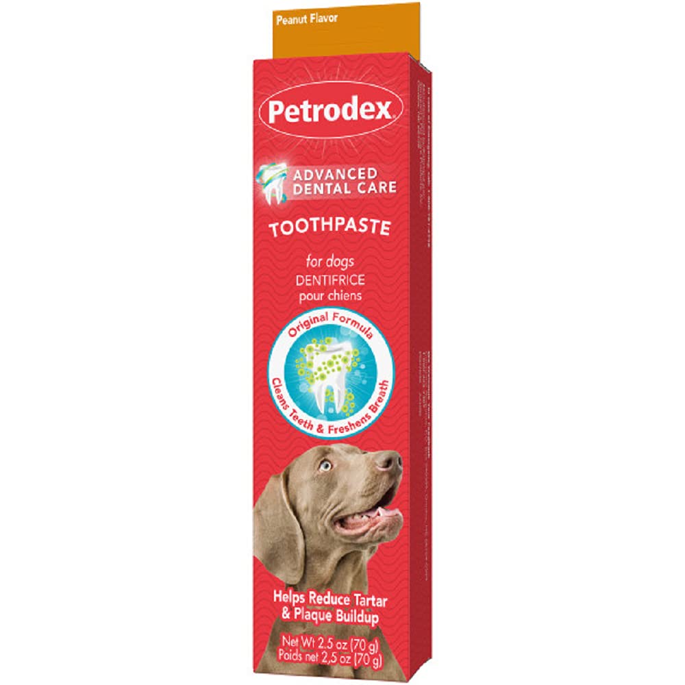 Petrodex dog toothpaste peanut flavor close-up on 2.5oz tube for easy brushing