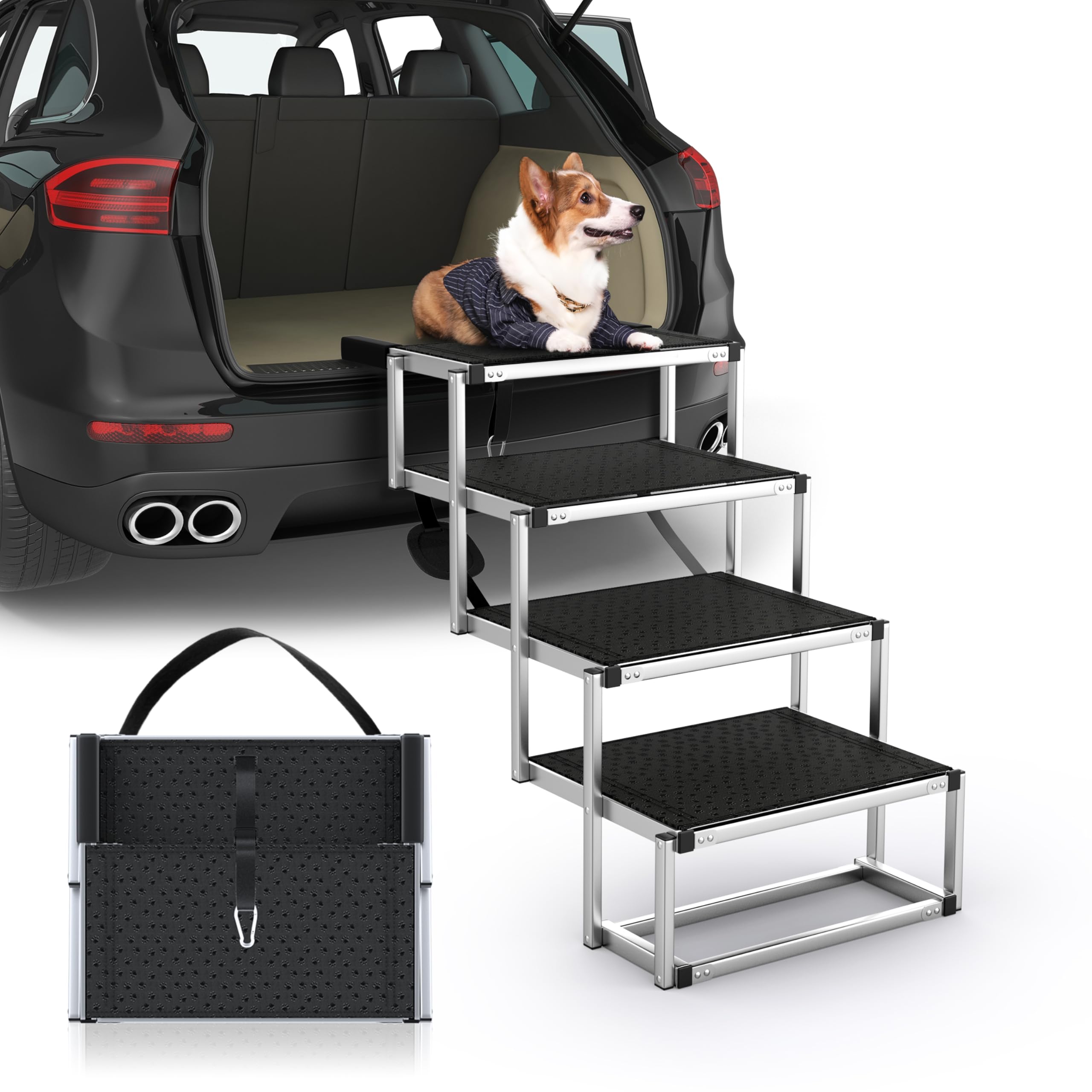 PetRuna dog stairs for car with foldable non-slip surface providing safe climbs