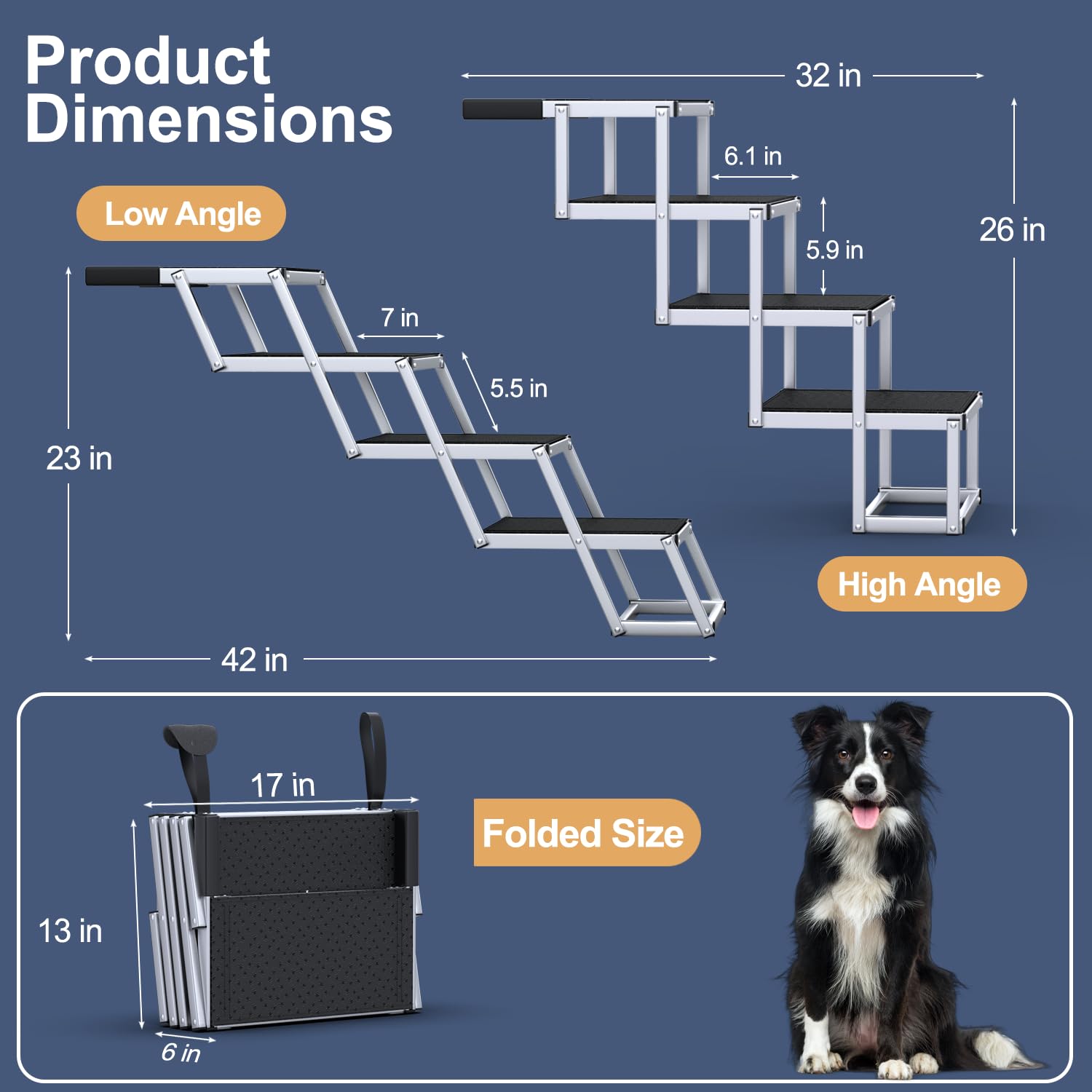 PetRuna lightweight aluminum dog stairs folded compact for easy storage