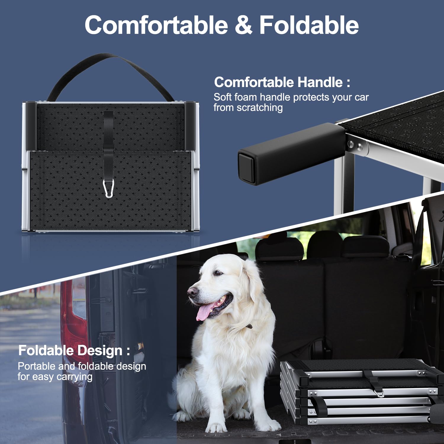 PetRuna Extra Wide Dog Stairs carabiner safety tether adds extra security.