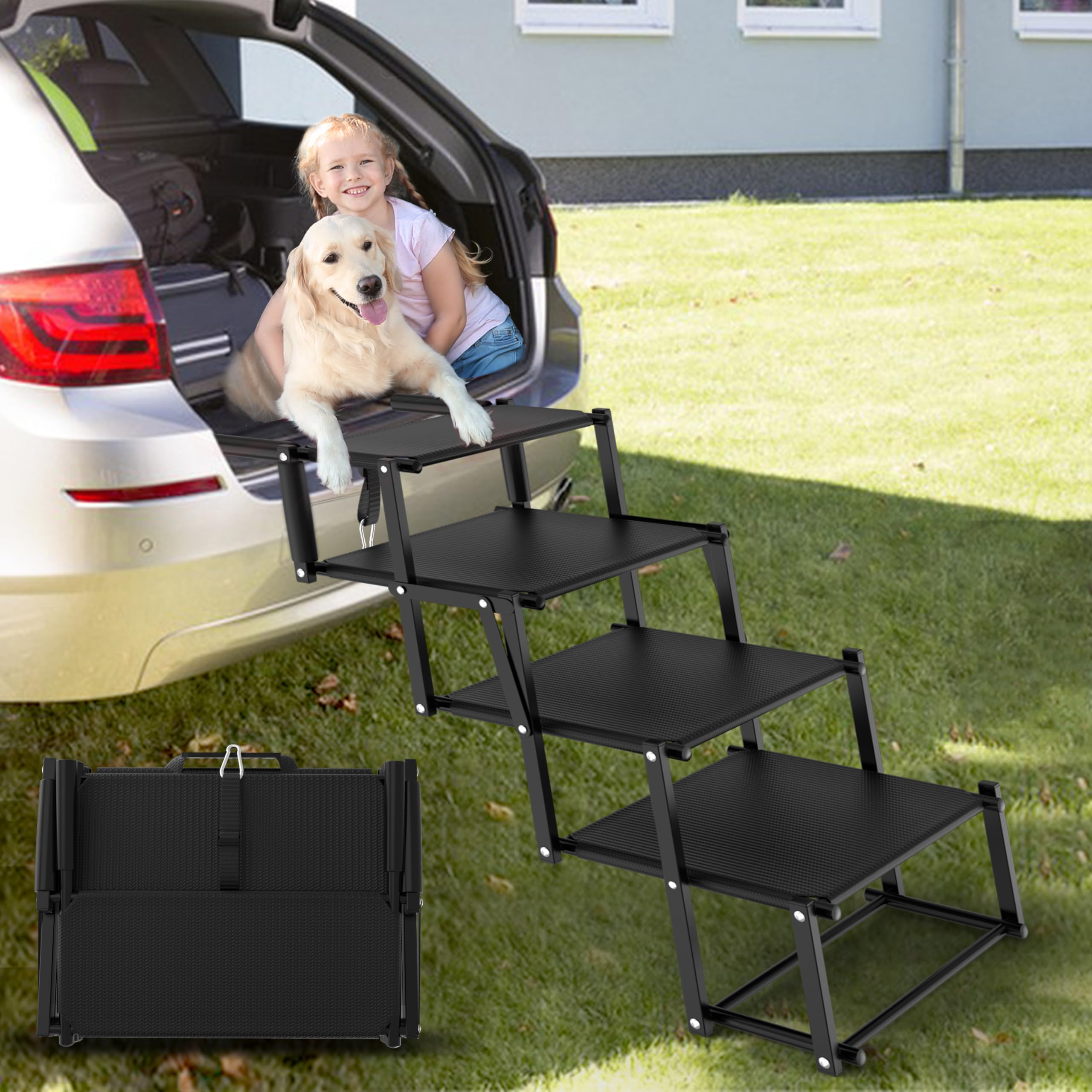 PetRuna extra wide dog stairs folded for easy trunk storage and travel convenience.