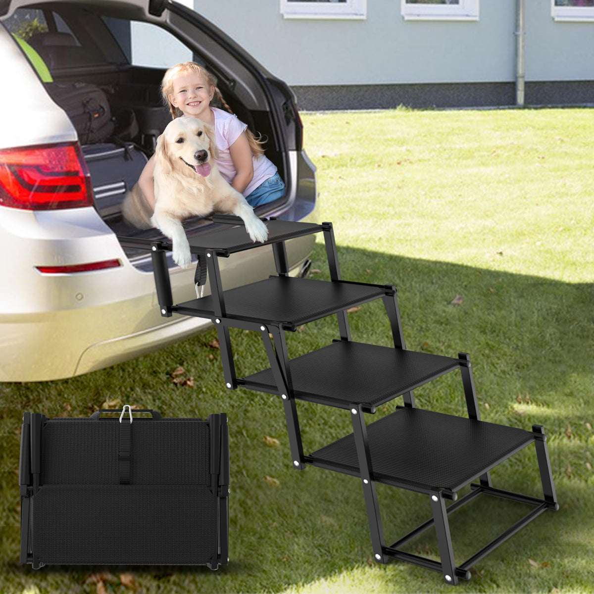 PetRuna extra wide dog stairs folded for easy trunk storage and travel convenience.