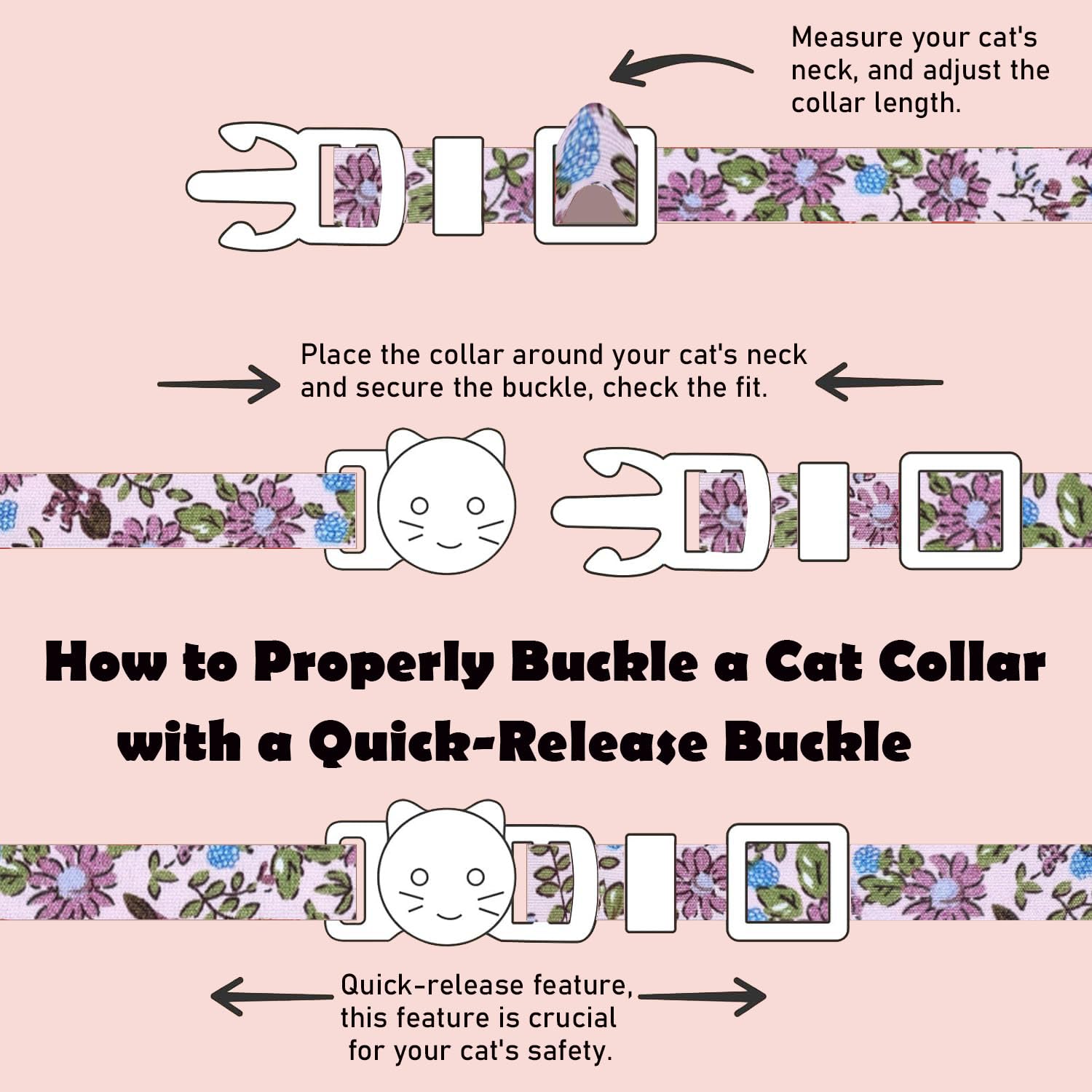 PETS ARE FUN adjustable safety buckle cat collar fits 7.5 to 11 inches.