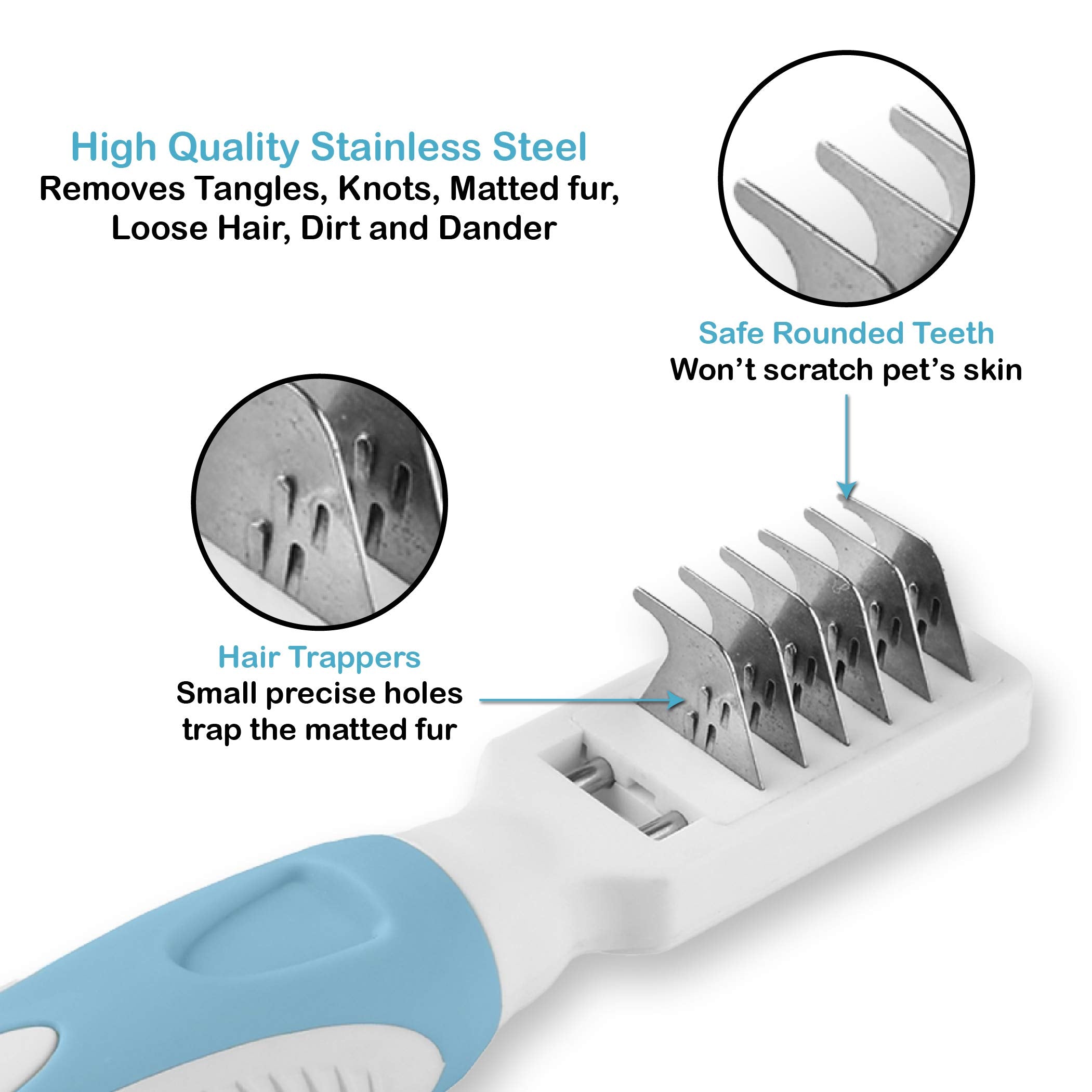 Pets First dematting teeth stainless steel remove mats and loose hair safely.