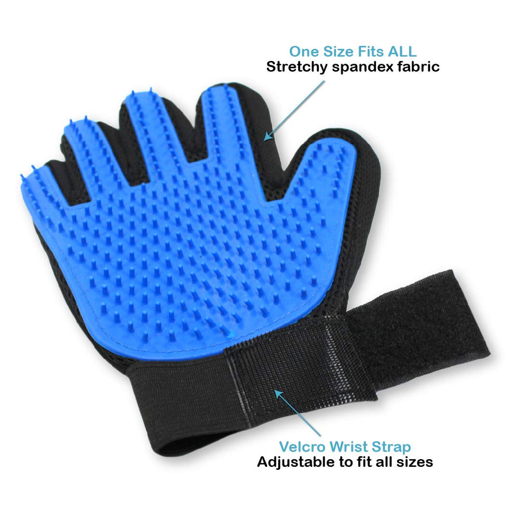 Pets First grooming glove adjustable-strap shows secure, comfortable fit for all hand sizes