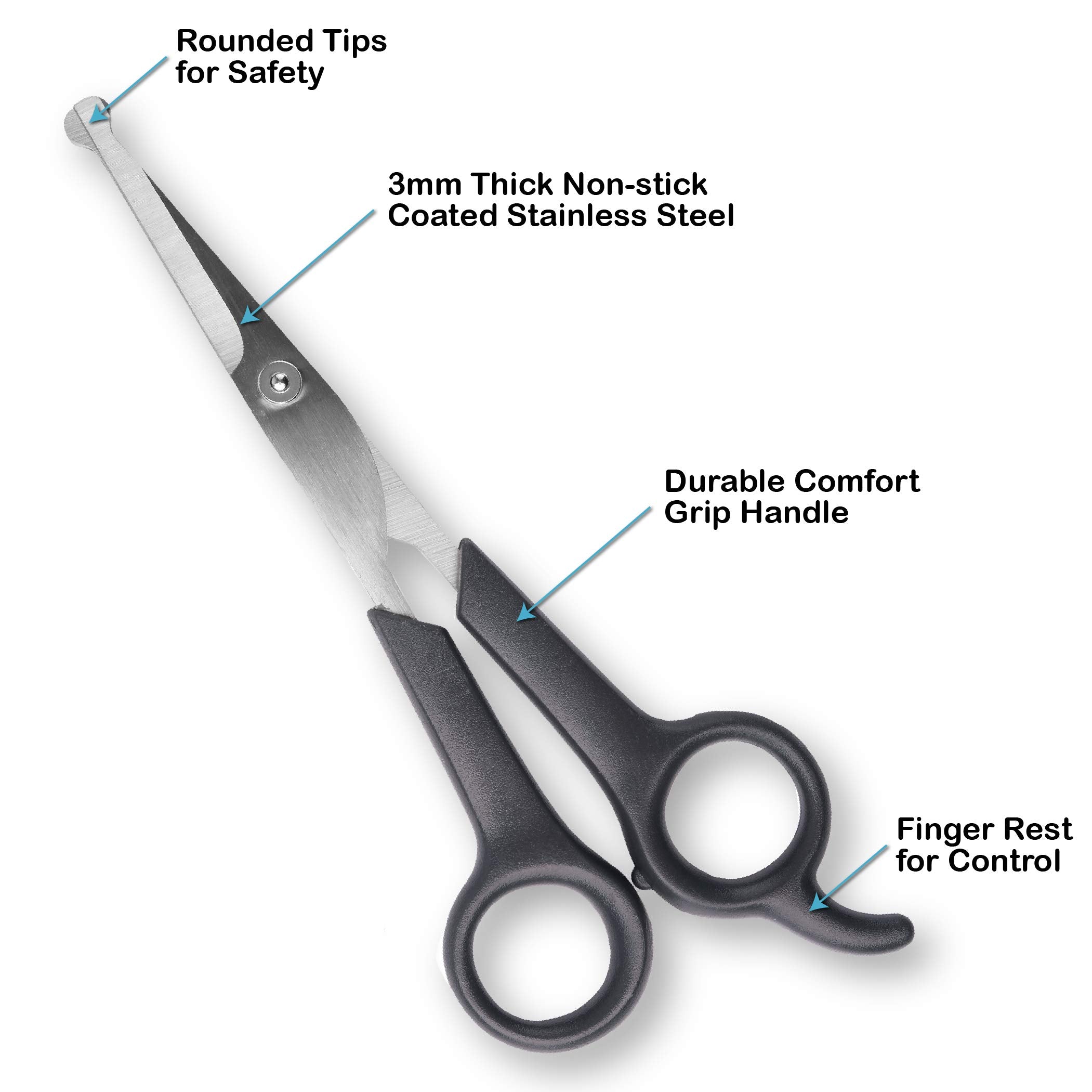 Pets First round-tip dog scissors demonstrate safe trimming on sensitive zones.