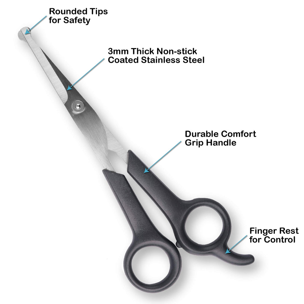 Pets First round-tip dog scissors demonstrate safe trimming on sensitive zones.