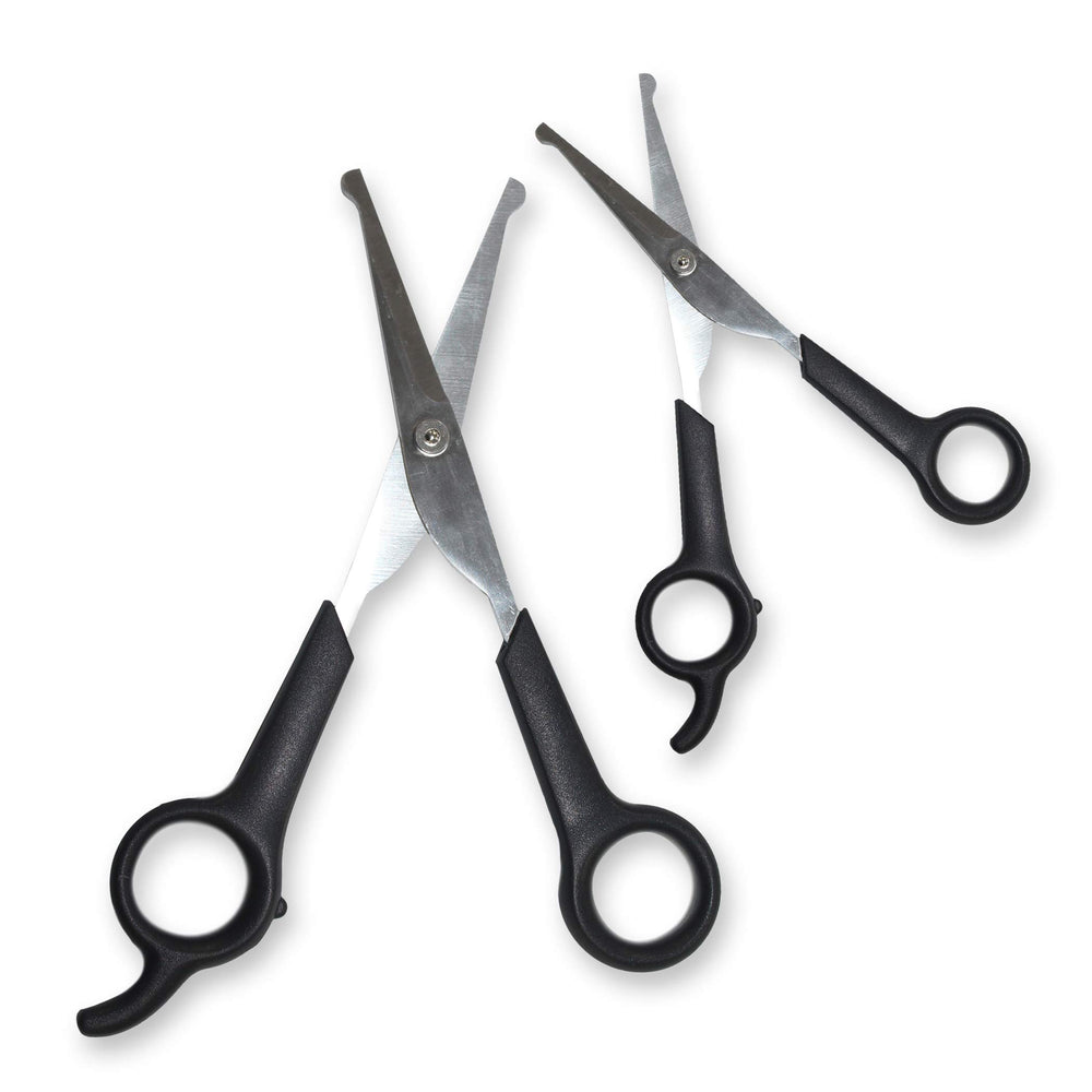 Pets First scissors-pack closeup highlighting portable two-shears kit for grooming on the go.