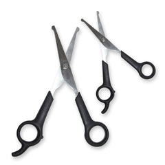 Pets First scissors-pack closeup highlighting portable two-shears kit for grooming on the go.