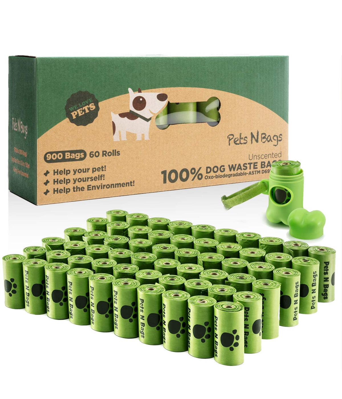 Pets N Bags dog waste bags in dispenser show convenient, leak-proof cleanup