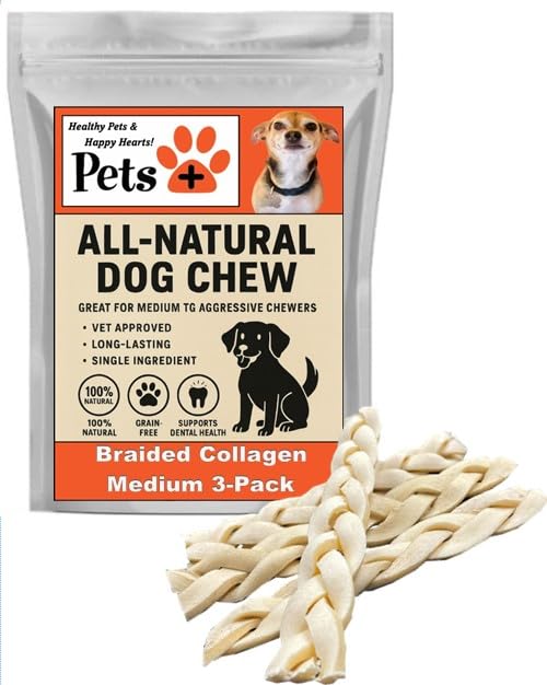 Pets Plus braided cheek stick 3pack packshot shows a long-lasting chew for training rewards.