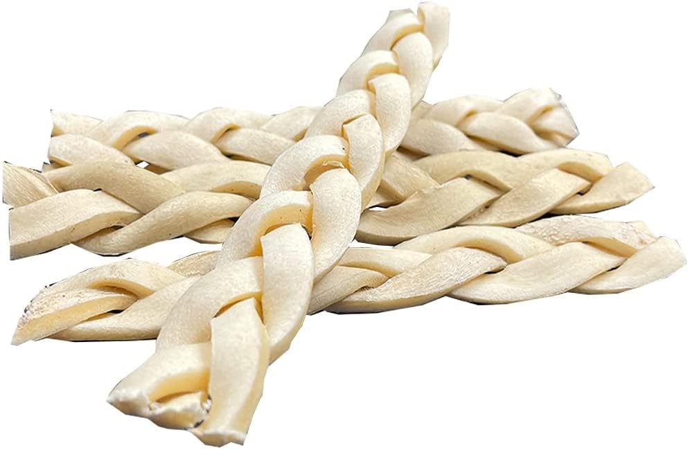 Pets Plus braided cheek stick texture closeup highlights beef cheek and durable braid for medium dogs.