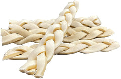 Pets Plus braided cheek stick texture closeup highlights beef cheek and durable braid for medium dogs.