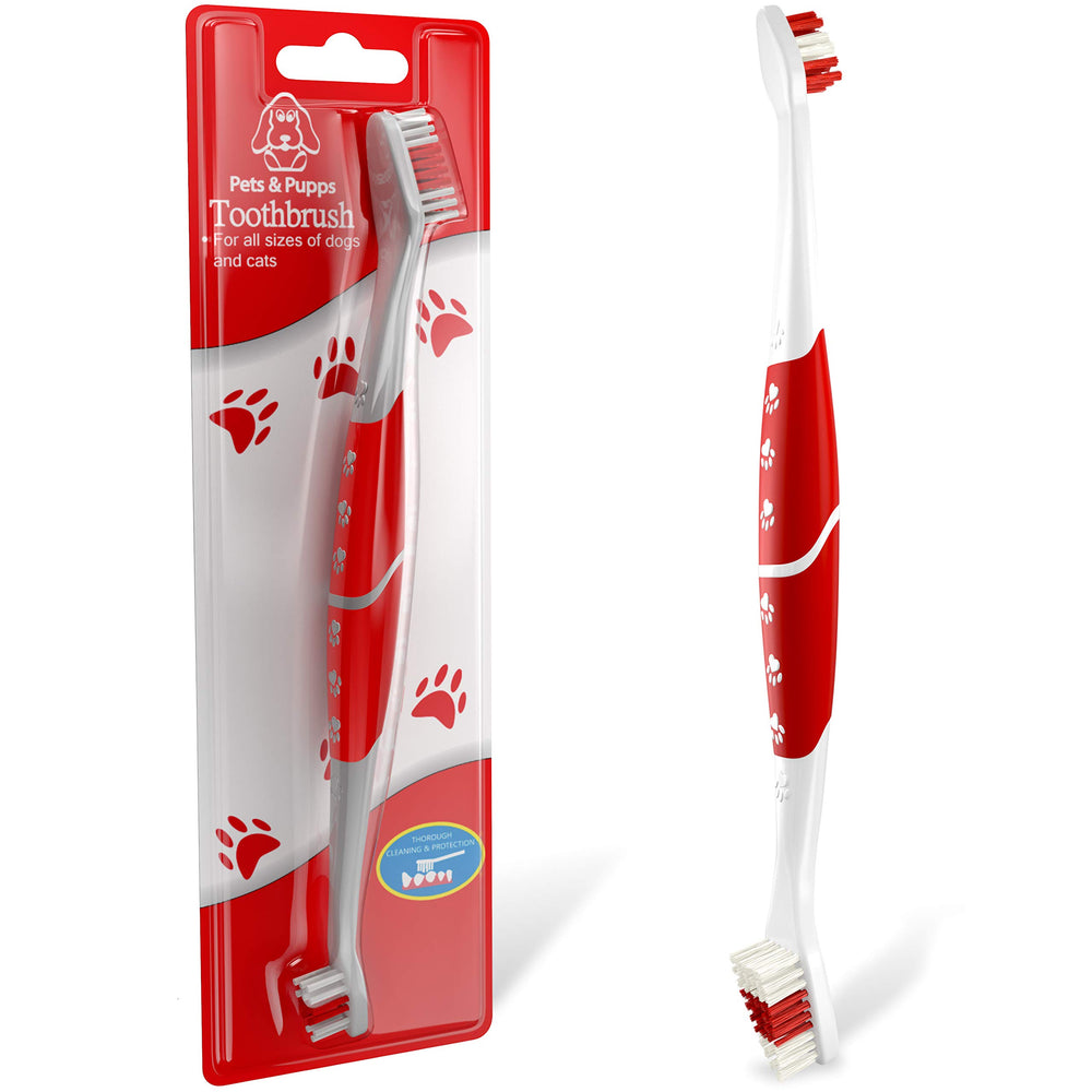 Pets & Pupps pet toothbrush dual head demonstrates versatile dental cleaning for dogs and cats.