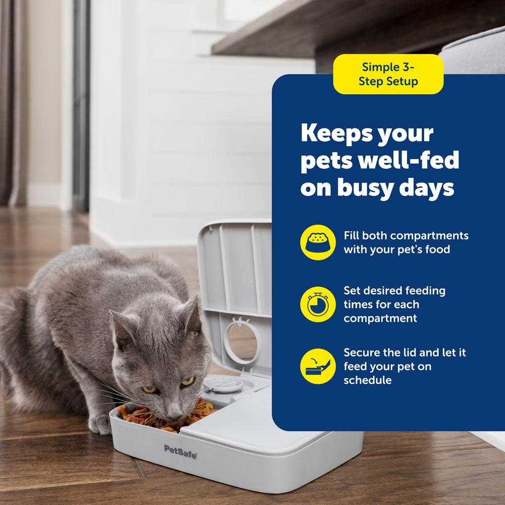 PetSafe Analog 2 Meal Feeder dishwasher-safe-tray demonstrates easy cleaning after meals.