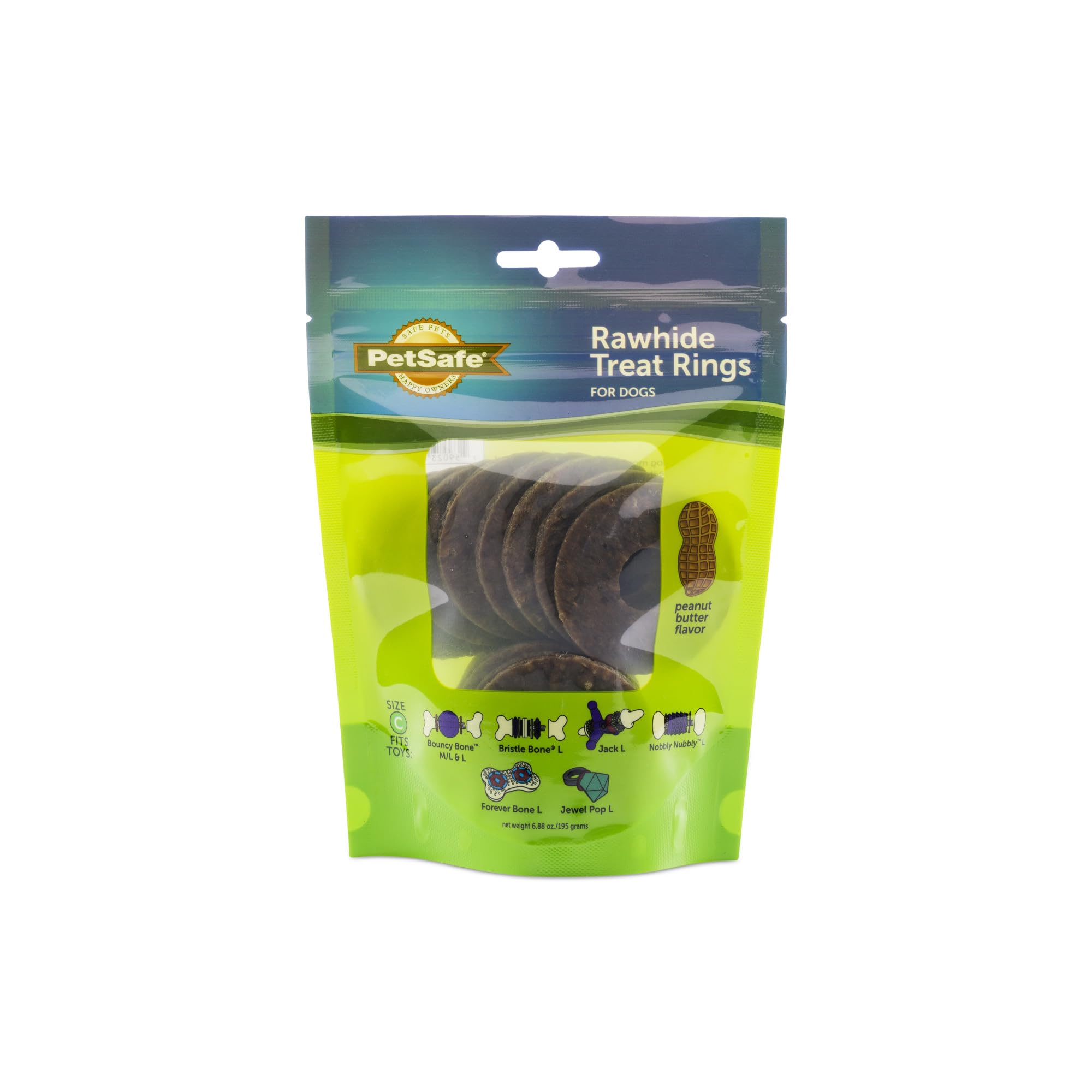 PetSafe Busy Buddy Natural Rawhide Rings peanut butter bag-open shows a tasty training reward