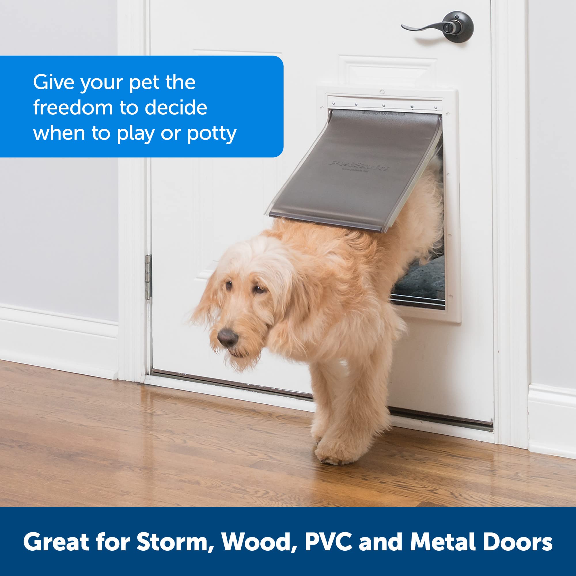 PetSafe Extreme Weather Door insulated flap close-up highlights triple-flap barrier for energy efficiency.
