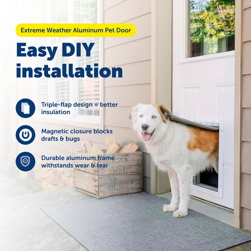 PetSafe Extreme Weather door interior frame highlights reinforced corners for multi-pet use.