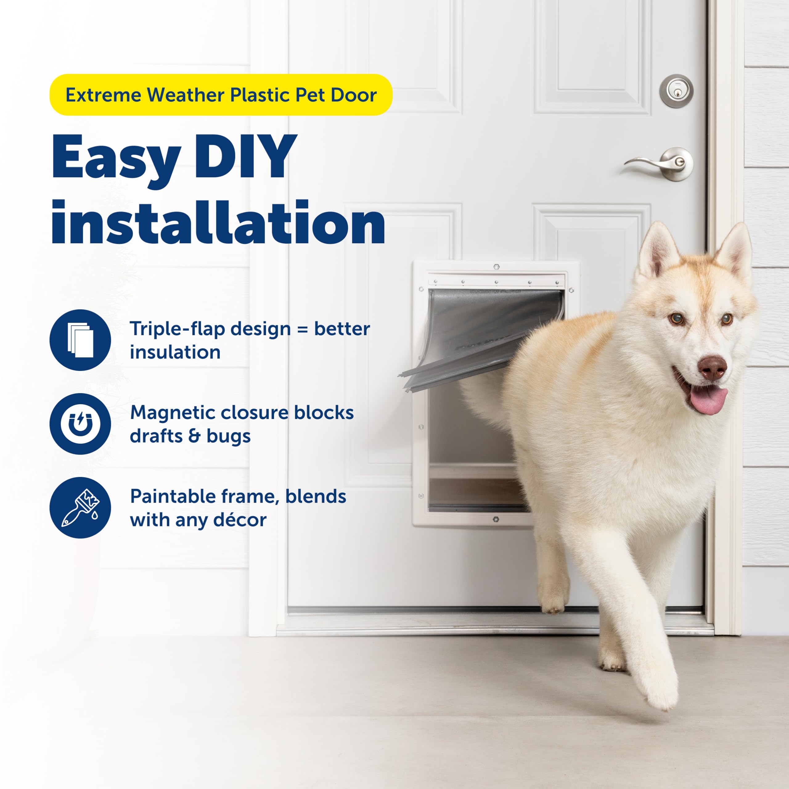 Petsafe Extreme Weather Door close-up highlights triple-flap design reducing drafts