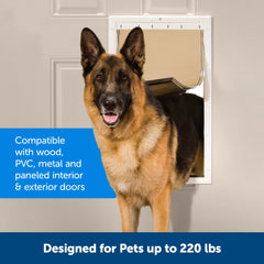 PetSafe plastic pet door installed on a wood door for easy DIY setup.