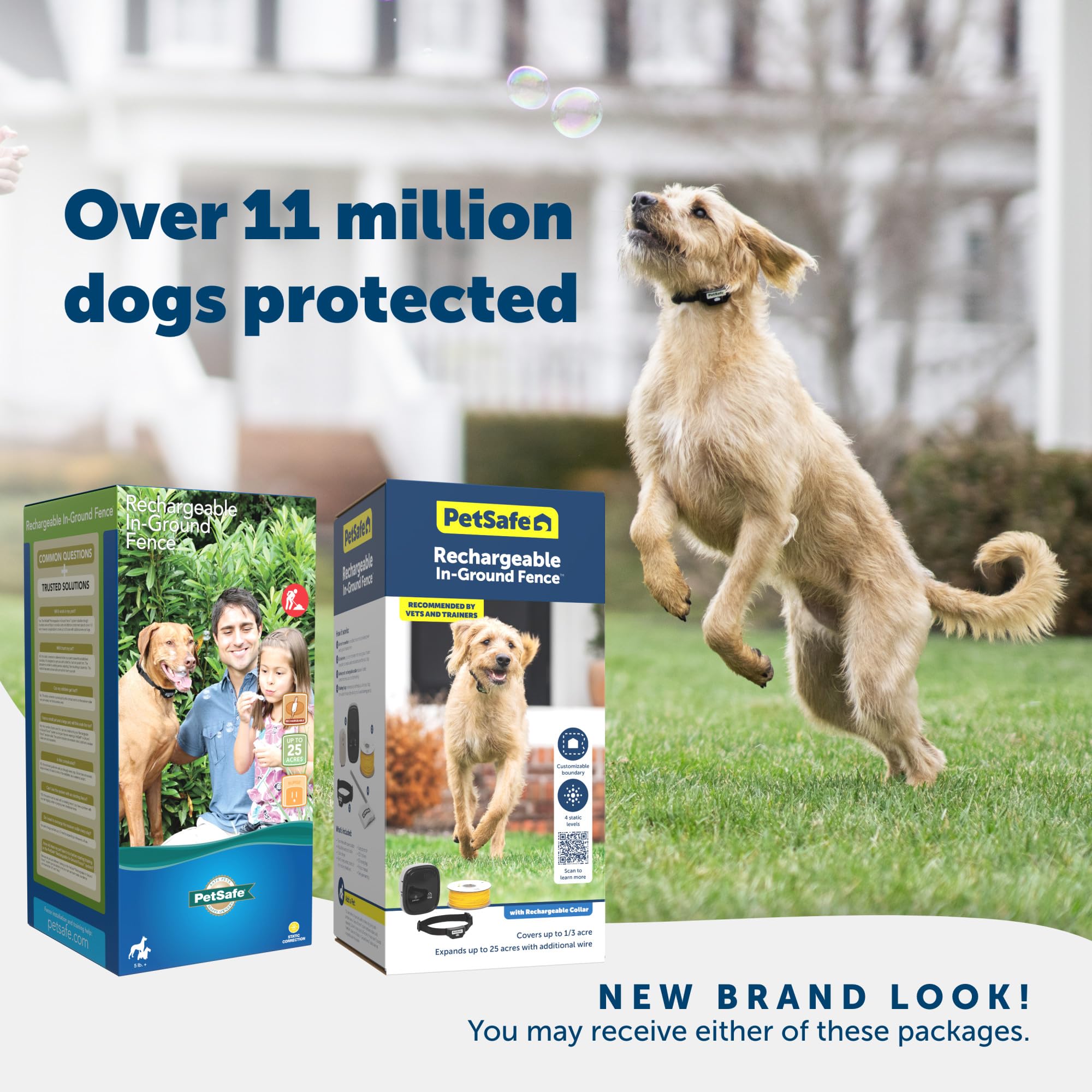 Petsafe receiver collar illustrates adjustable correction for pets over 5 pounds.