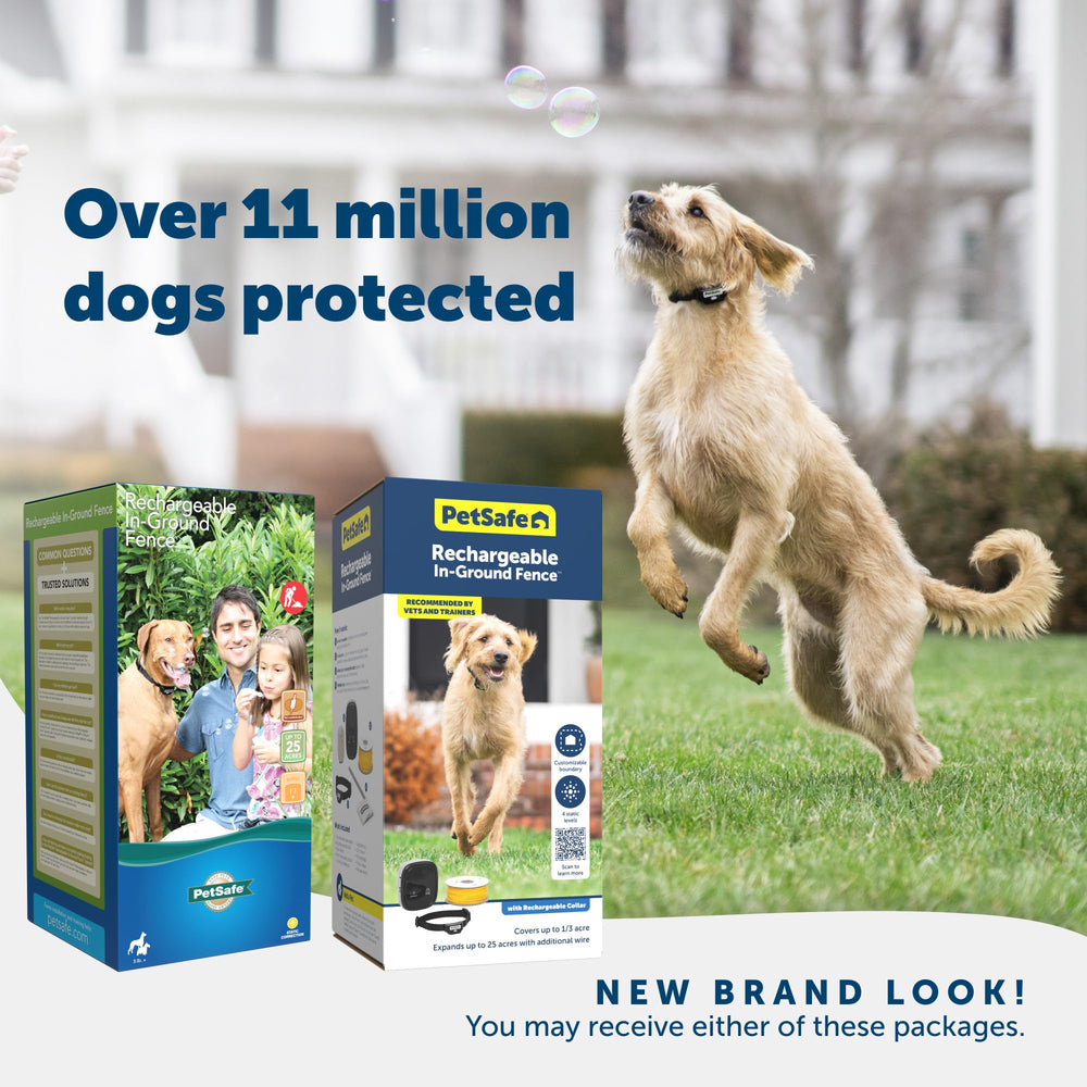 Petsafe receiver collar illustrates adjustable correction for pets over 5 pounds.