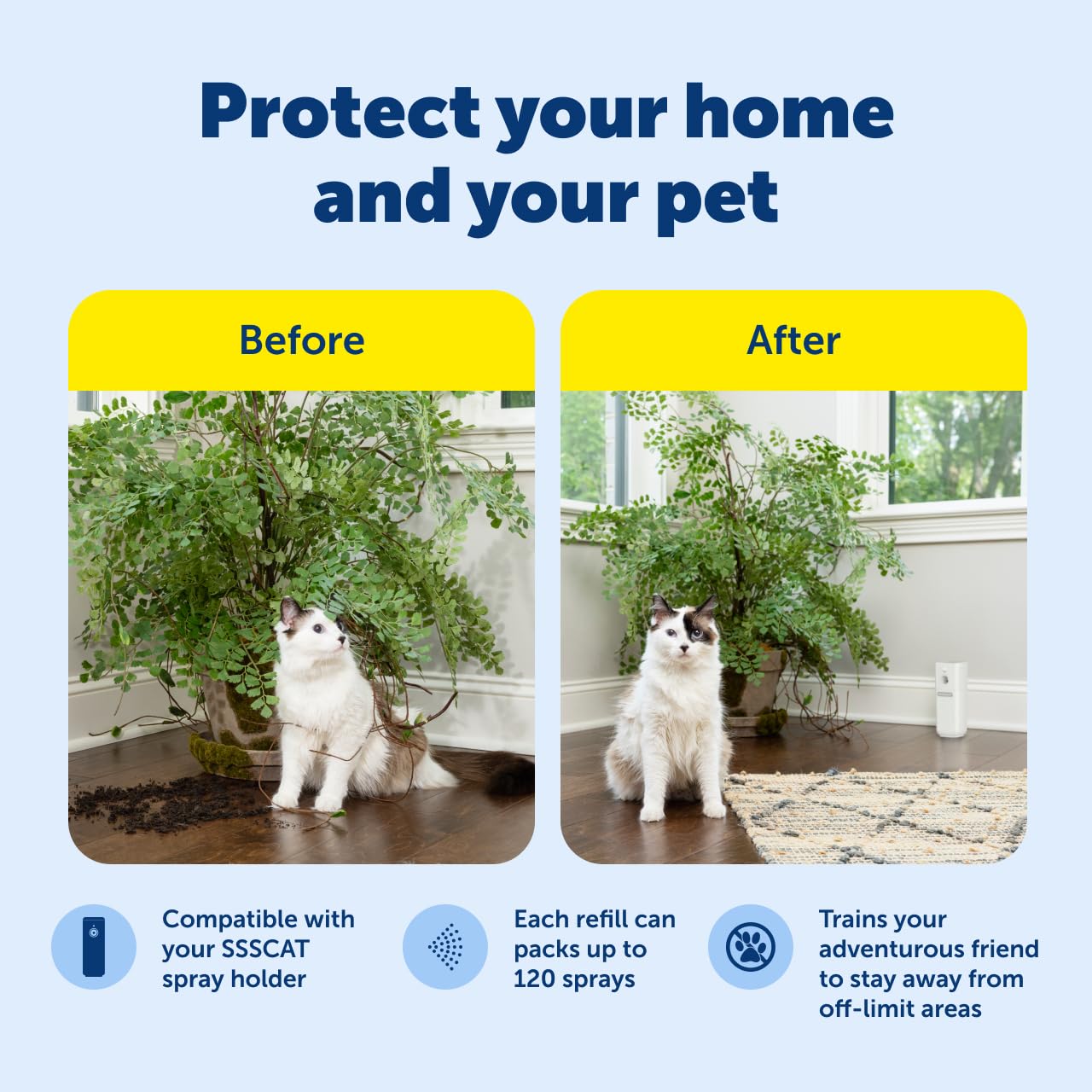 PetSafe SSSCAT odorless spray closeup highlights non-staining correction for furniture.